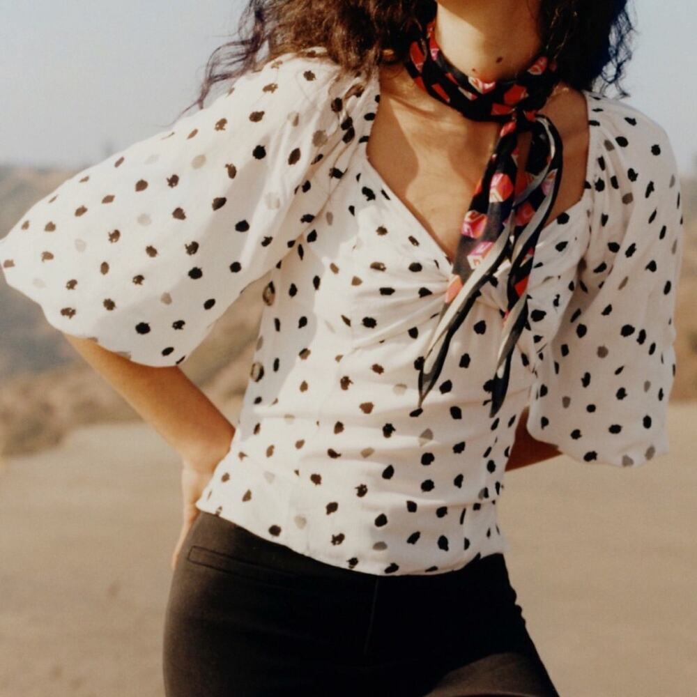 Anthropologie Ranna Gill Francois Blouse Black White Polka Dot Small Coquette
